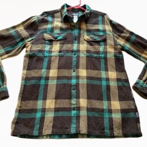 Patagonia Men’s Organic Cotton Flannel Shirt Large Brown Green Plaid Button Up L